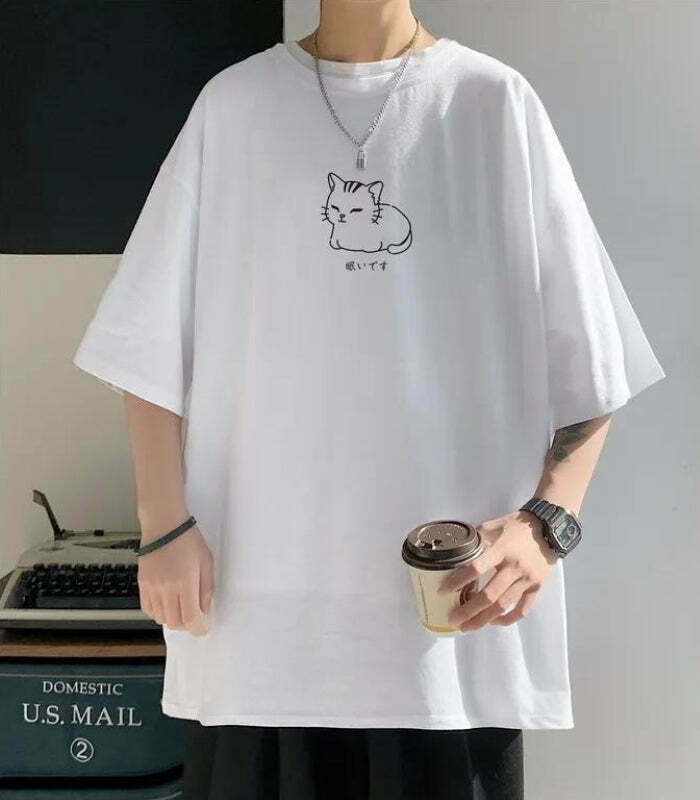 Lying Cat Drop Shoulder Tee - Y2K Style Clothing for Men & Women, Trendy Baggy Cat Tee