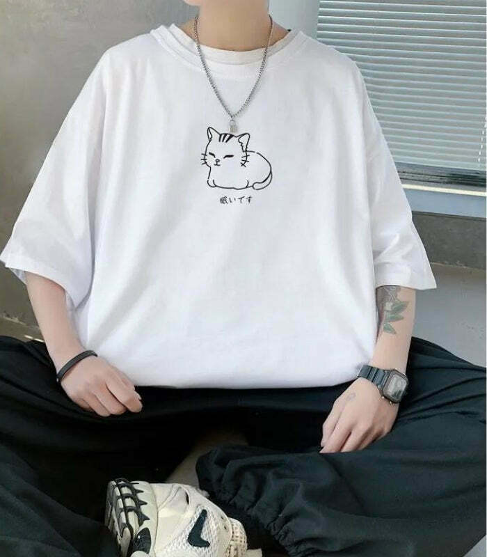 Lying Cat Drop Shoulder Tee - Y2K Style Clothing for Men & Women, Trendy Baggy Cat Tee