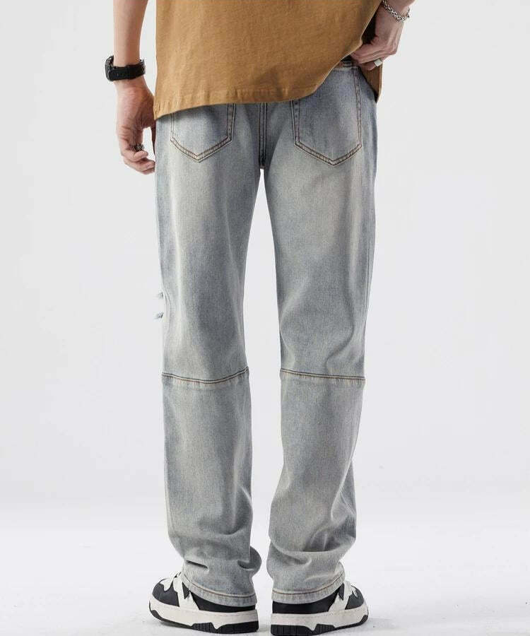 Men's Straight Leg Distressed Knee Jeans - Vintage Y2K Style Denim for Trendy Looks