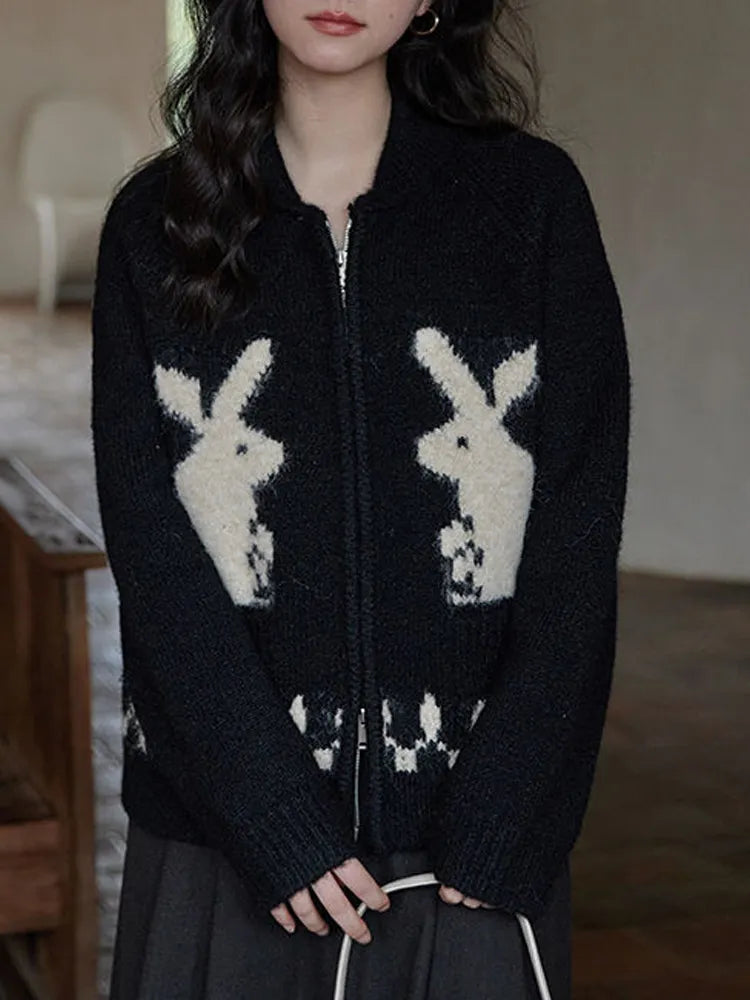 Men's Y2K Style Rabbit Knitted Zip Cardigan - Trendy Grunge & Dark Fashion Outerwear