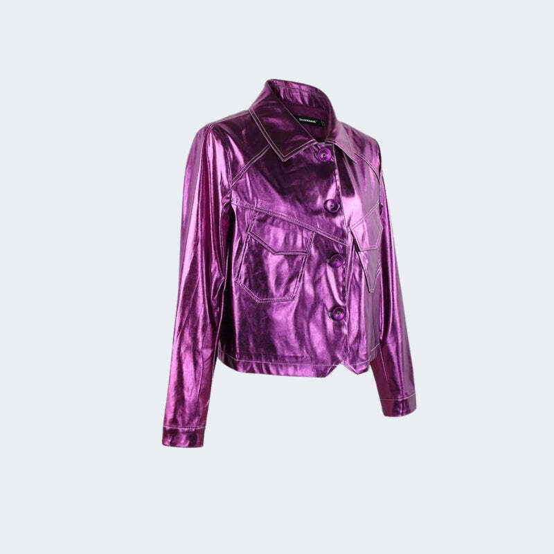 Metallic Fuchsia Oversized Vintage Leather Jacket - Y2K Inspired Fashion Statement