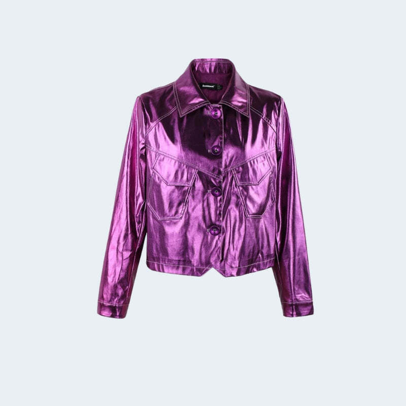 Metallic Fuchsia Oversized Vintage Leather Jacket - Y2K Inspired Fashion Statement