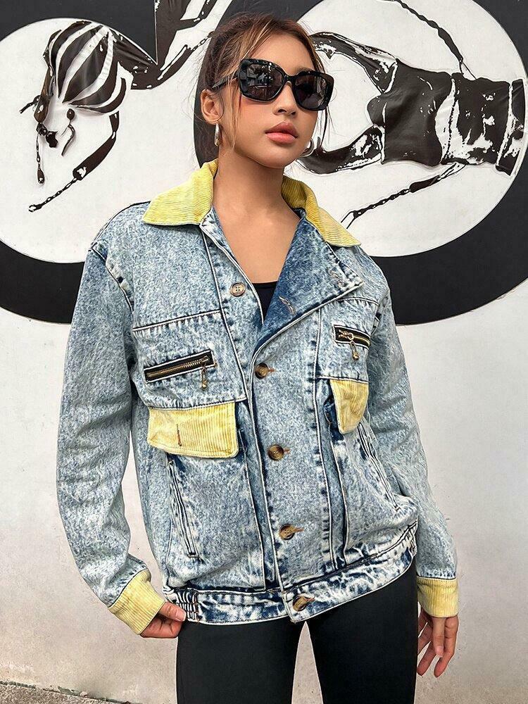 Mid Wash Patchwork Denim Jacket for Y2K Fashion - Trendy Baggy Style & Unique Design