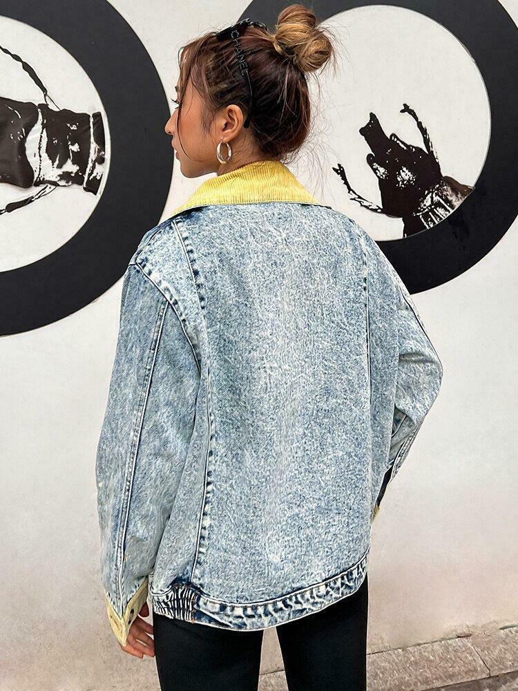 Mid Wash Patchwork Denim Jacket for Y2K Fashion - Trendy Baggy Style & Unique Design