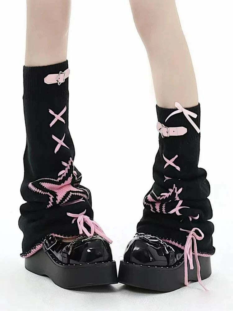 Pastel Goth Lace-Up Belted Leg Warmers - Trendy Y2K Lace-Up Leg Warmers for Unique Style