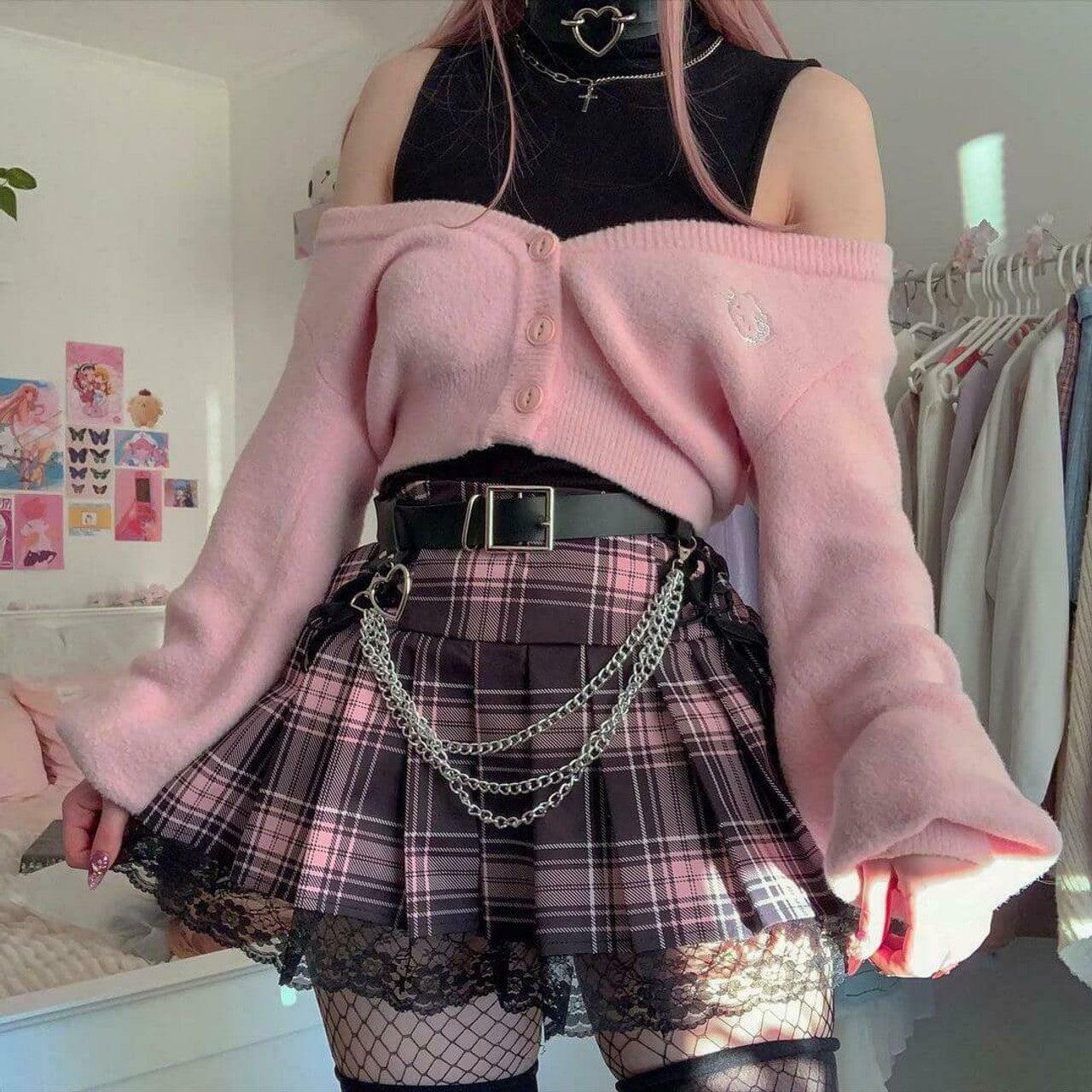 Pastel Goth Pleated Mini Skirt with Belt - Trendy Korean Y2K Fashion for Stylish Looks