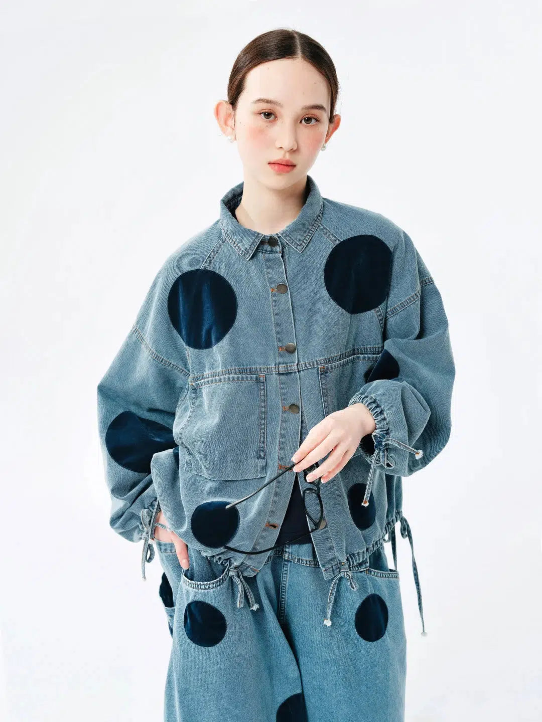 Polka Dot Button Up Denim Jacket for Trendy Y2K Outfits and Stylish Denim Sets