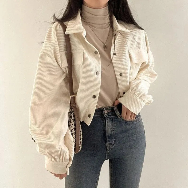 Puff Sleeved Color Block Corduroy Crop Shirt - Trendy Korean Y2K Fashion Essential