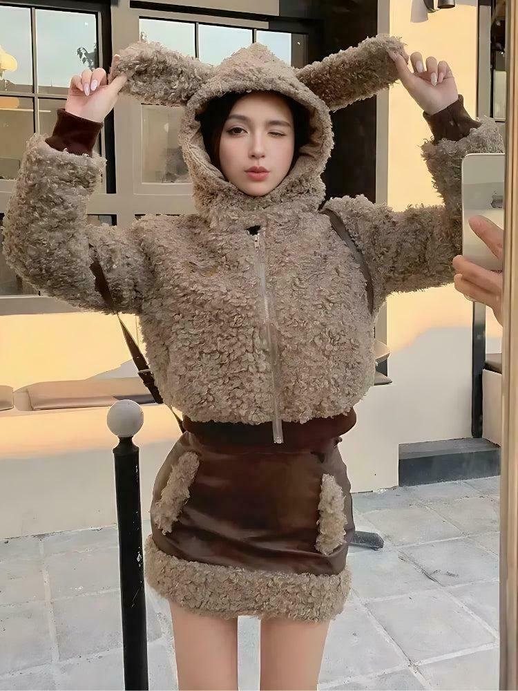 Rabbit Hood Teddy Two-Piece Set for Y2K Style - Trendy Rabbit Outfit for Fashion Lovers