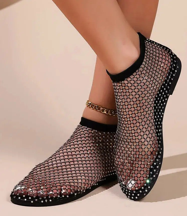 Rhinestone Fishnet Ballerina Flats for Y2K Outfits - Trendy Grunge Style Footwear 2025