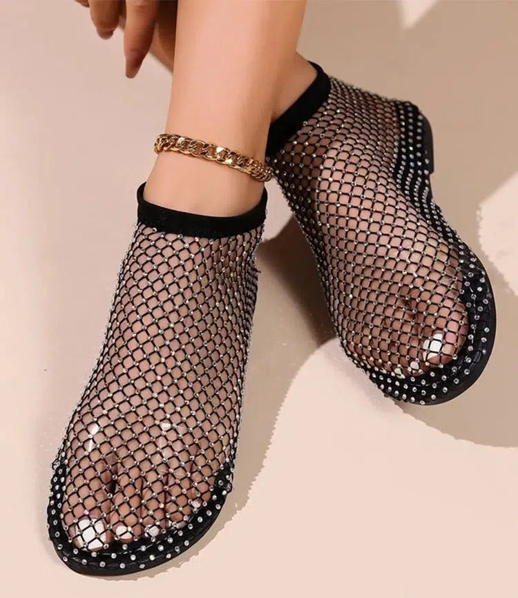 Rhinestone Fishnet Ballerina Flats for Y2K Outfits - Trendy Grunge Style Footwear 2025