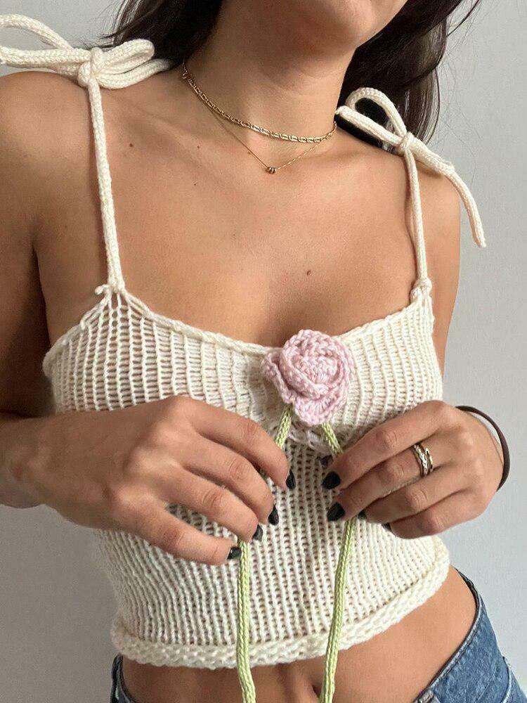 Rose Detailed Knitted Crop Top - Trendy Y2K Clothing for a Stylish Look