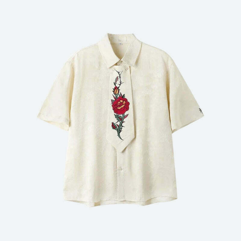 Rose Embroidery Tie Shirt - Y2K Style Clothing for Men | Grunge Fashion Tops