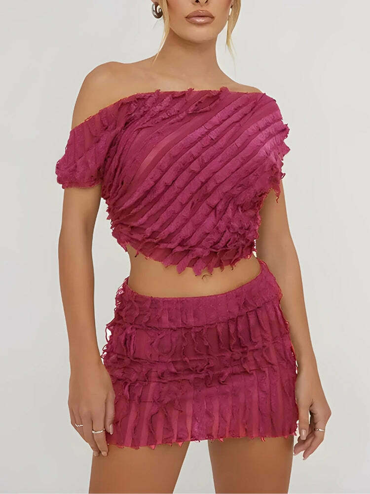 Ruffled One Shoulder Top & Mini Skirt Two-Piece Set - Trendy Y2K Clothing for Stylish Looks