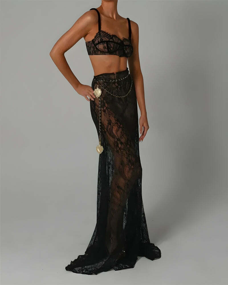 Sheer Lace Two-Piece Set for Y2K Style: Trendy Lace Outfit for Men and Women