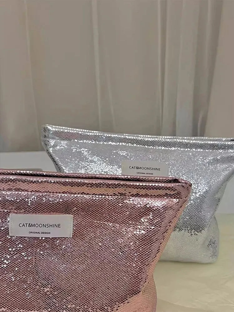 Shiny Metallic Y2K Style Makeup Bag for Trendy Outfits and Fashionable Accessories