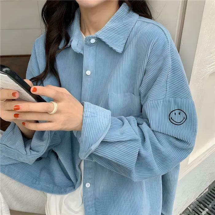 Smiley Embroidered Color Block Corduroy Shirt - Trendy Korean Y2K Fashion Essential