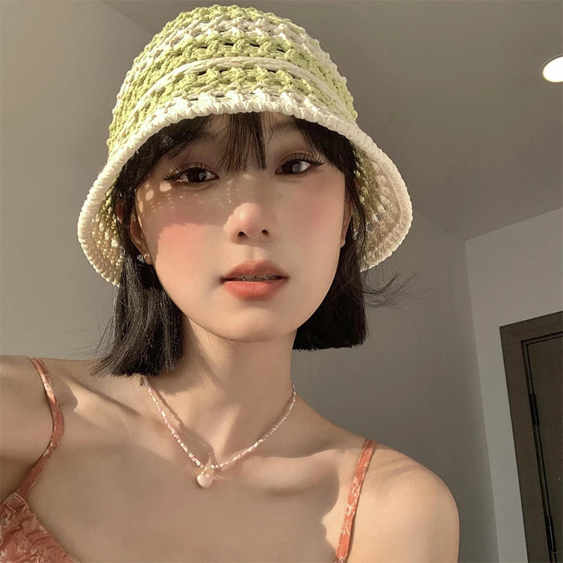 Soft Girl Aesthetic Crochet Bucket Hat with Flowers - Fluffy White Y2K Style Hat