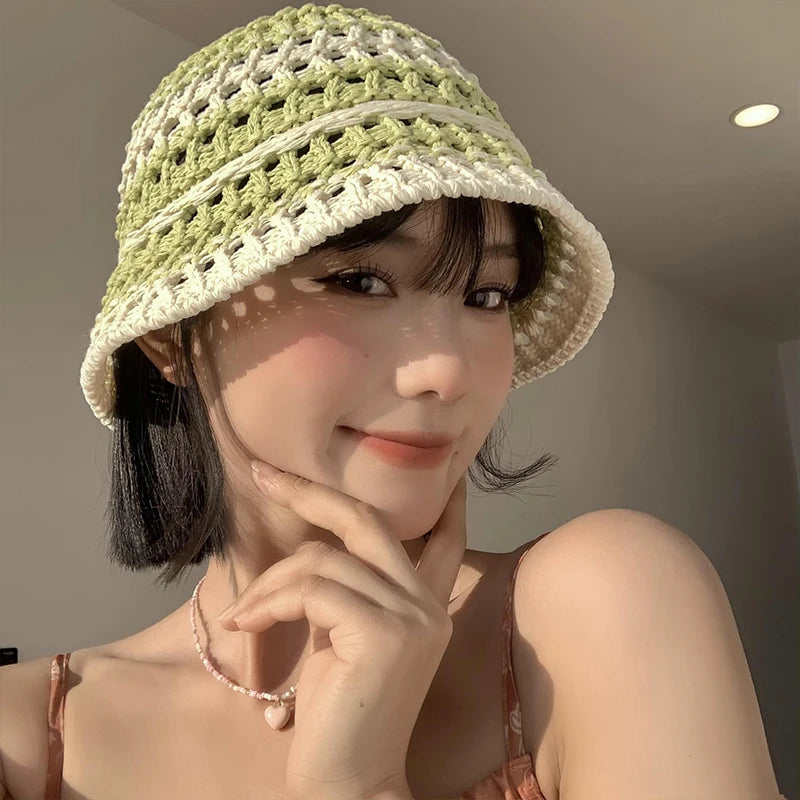 Soft Girl Aesthetic Crochet Bucket Hat with Flowers - Fluffy White Y2K Style Hat