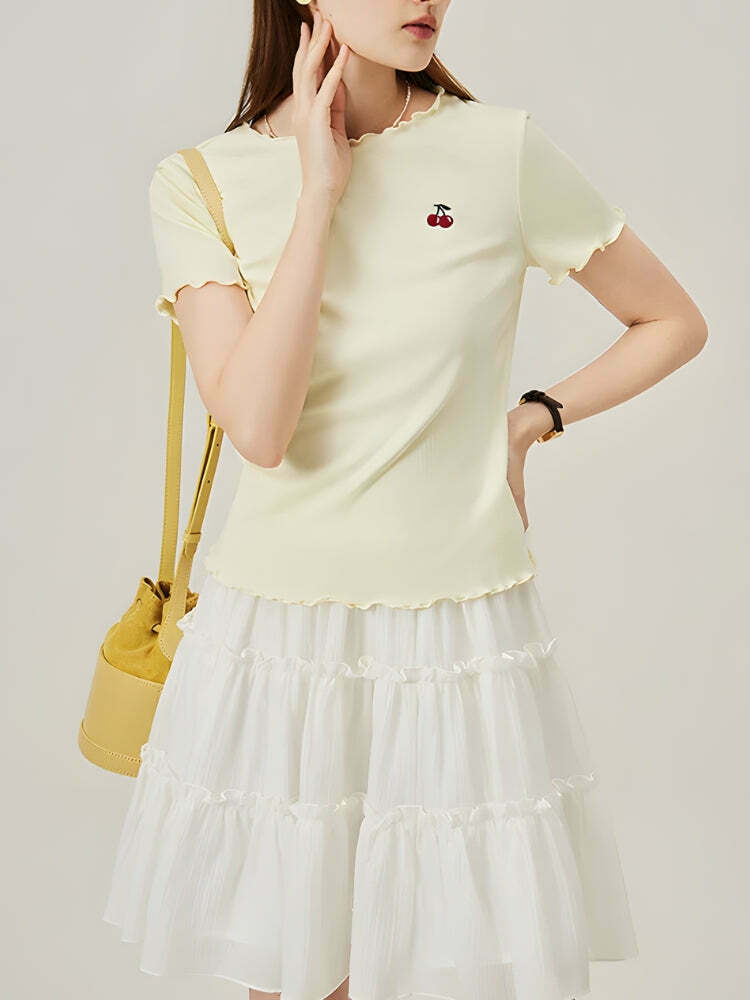 Soft Girl Cherry Lettuce Edge Tee - Trendy Y2K Cherry Tee for Stylish Outfits