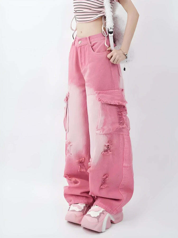 Soft Girl Distressed Orange Cargo Jeans for Y2K Fashion, Grunge Style & Retro Futurism