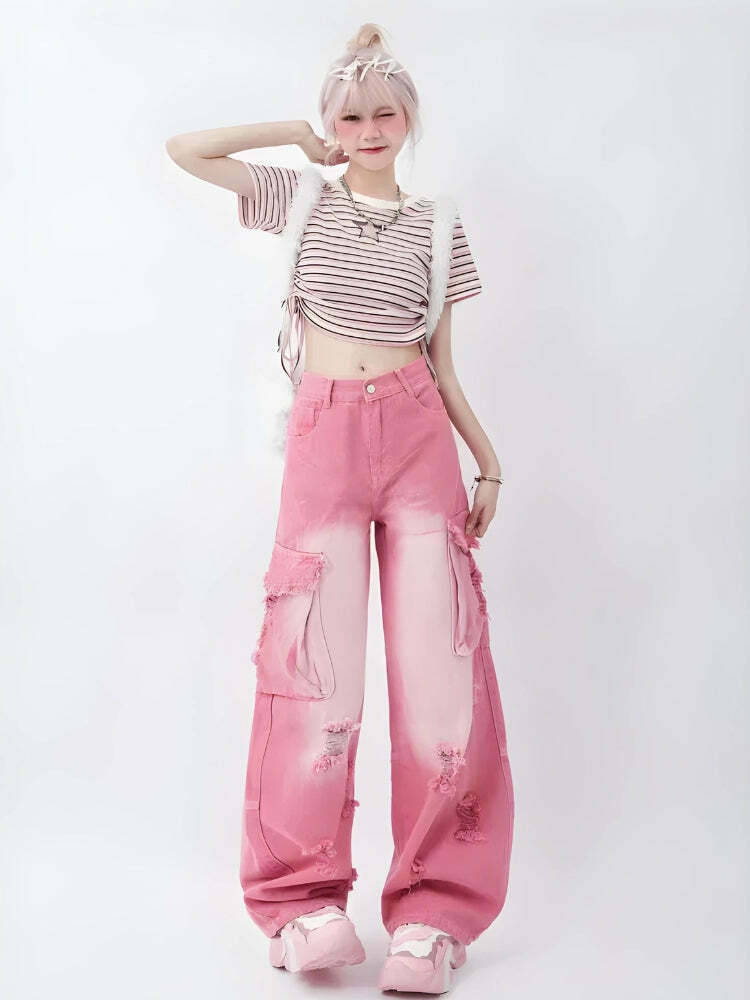 Soft Girl Distressed Orange Cargo Jeans for Y2K Fashion, Grunge Style & Retro Futurism