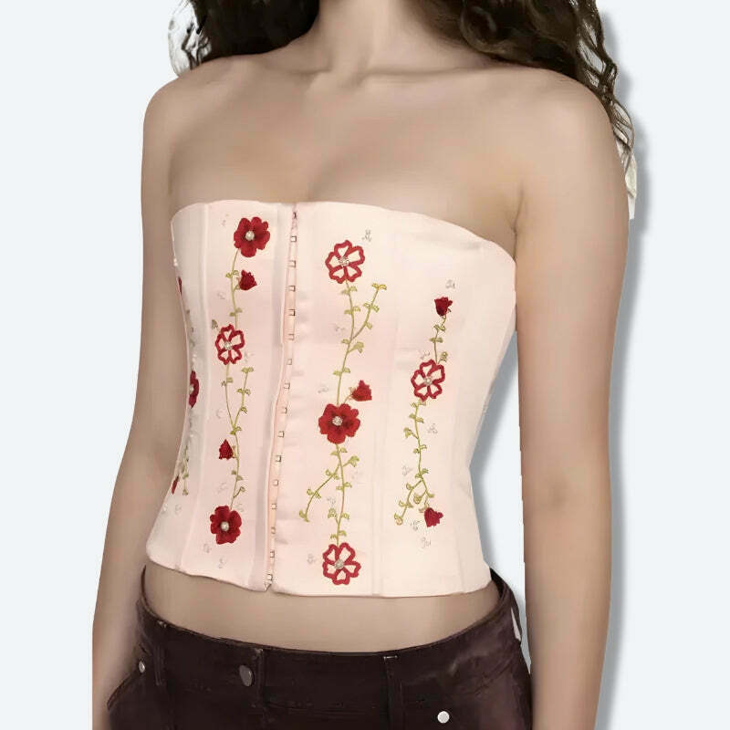 Soft Girl Embroidered Beaded Corset Top - Y2K Style Lace & Ribbon Design for Trendy Fashion