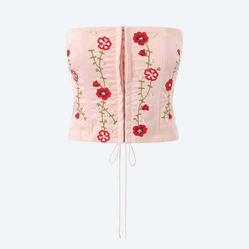 Soft Girl Embroidered Beaded Corset Top - Y2K Style Lace & Ribbon Design for Trendy Fashion