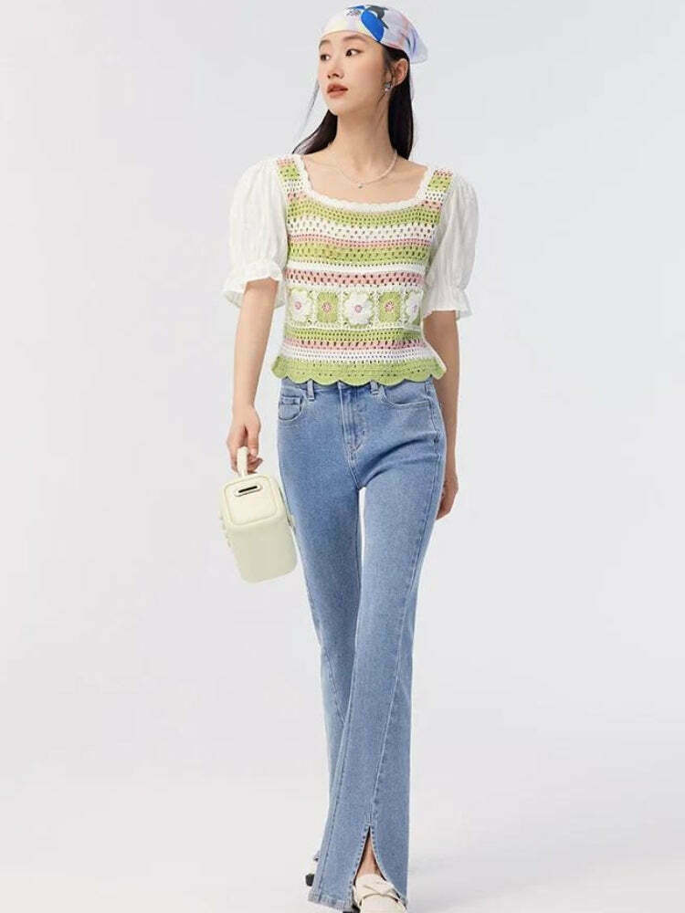 Soft Girl Floral Hollow Out Knitted Top - Trendy Korean Y2K Fashion for Stylish Outfits