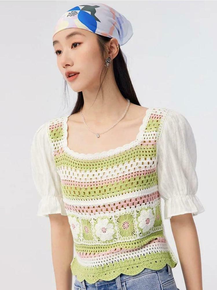 Soft Girl Floral Hollow Out Knitted Top - Trendy Korean Y2K Fashion for Stylish Outfits