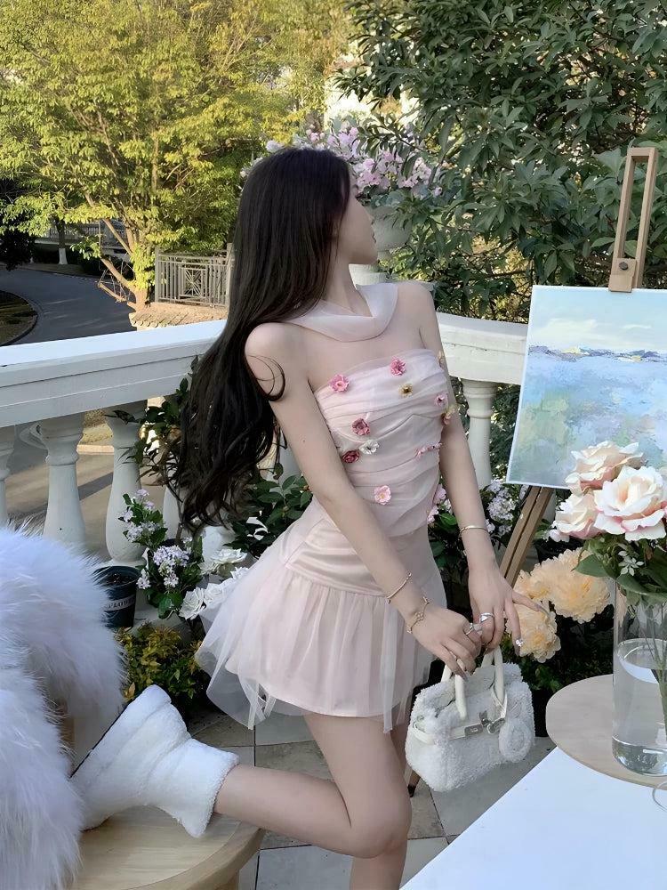 Soft Girl Flower Tube Top & Tulle Mini Skirt Two-Piece Set for Y2K Fashion Lovers