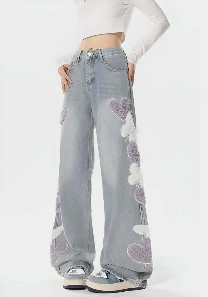 Soft Girl Fluffy Heart Butterfly Jeans - Trendy Y2K Cut Out Heart Jeans for Unique Style