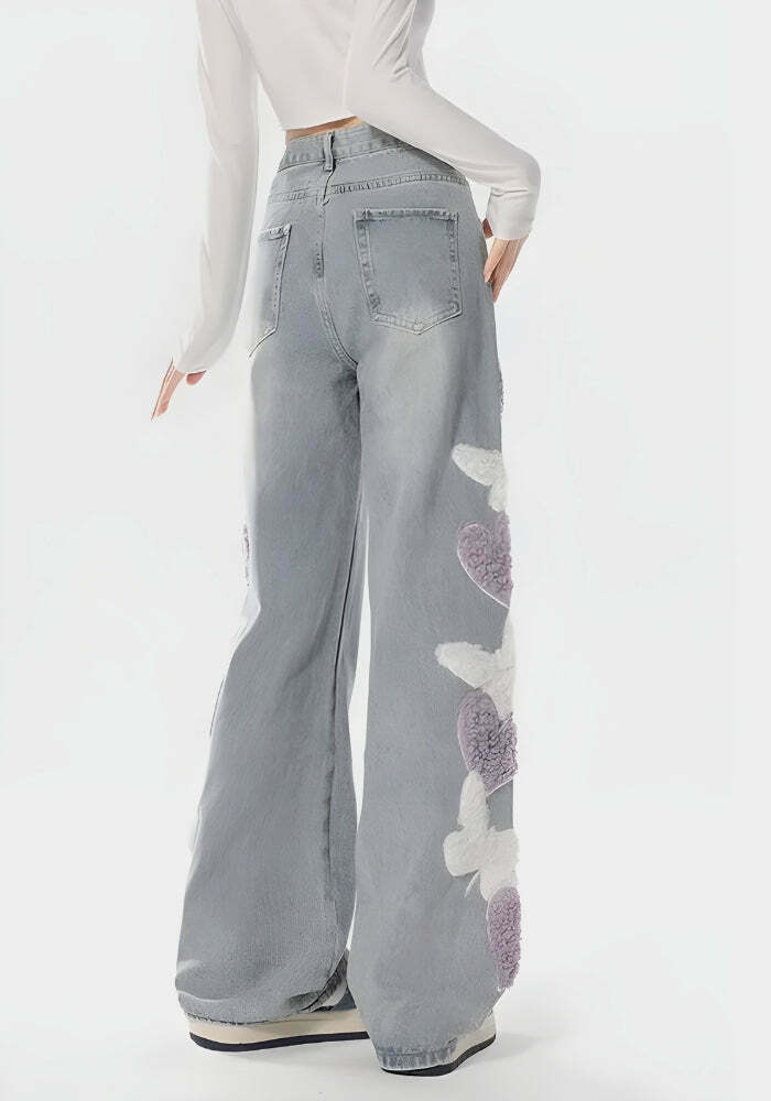 Soft Girl Fluffy Heart Butterfly Jeans - Trendy Y2K Cut Out Heart Jeans for Unique Style