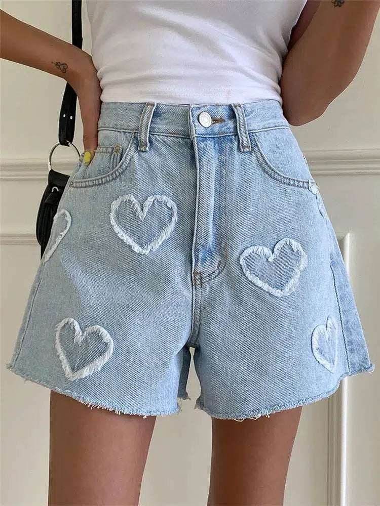 Soft Girl Heart Patch Flared Denim Shorts with Rhinestone Fringe - Trendy Y2K Style