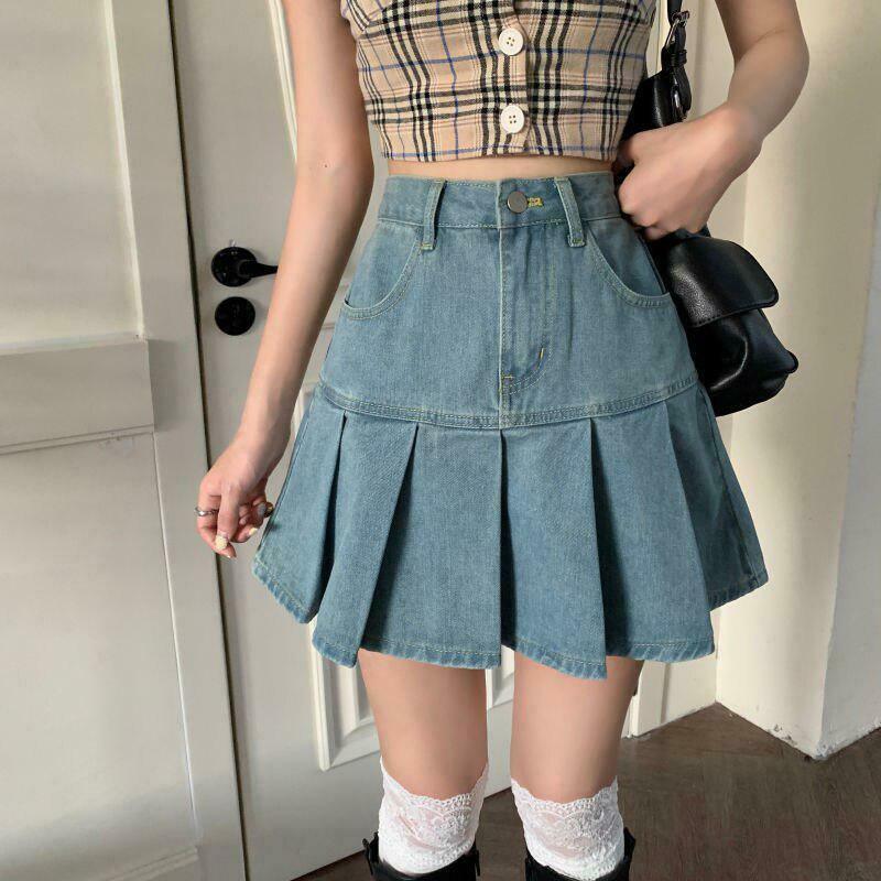 Soft Girl Pleated Denim Mini Skirt - Y2K Style Fashion for Trendy Winter Outfits