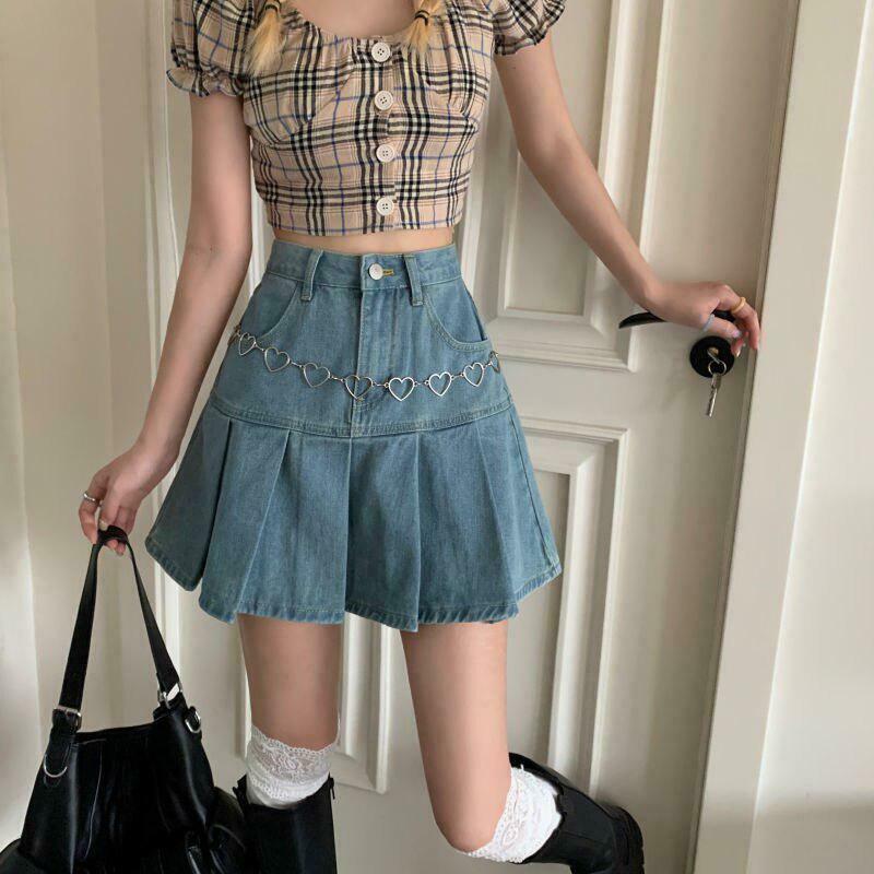 Soft Girl Pleated Denim Mini Skirt - Y2K Style Fashion for Trendy Winter Outfits