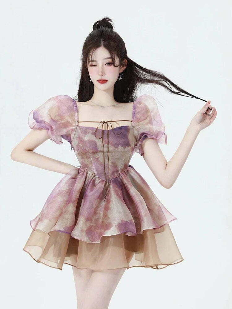 Soft Girl Puff Sleeve Layered Mini Dress - Trendy Korean Y2K Fashion for a Chic Look