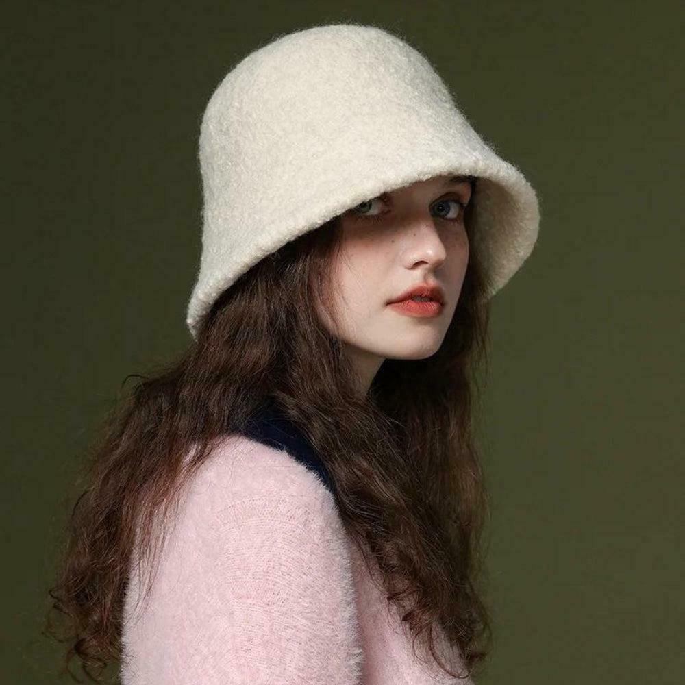 Soft Girl White Fluffy Bucket Hat - Aesthetic Crochet Knit & Lace Y2K Style Bucket Hat