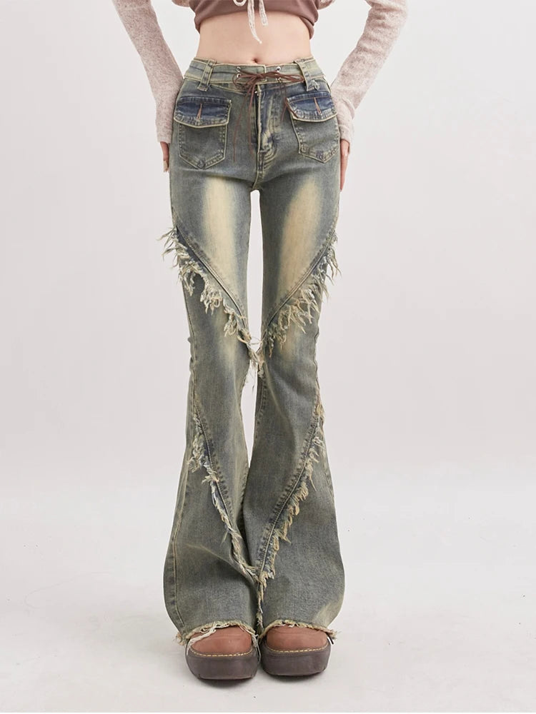 Soft Grunge Purple Tasseled Flare Jeans - Trendy Y2K Fashion for a Stylish Look