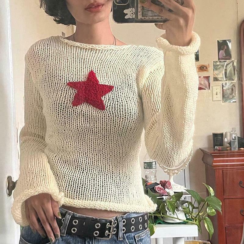 Star Embroidery Knitted Top - Trendy Y2K Denim Star Top for Stylish Outfits in 2025