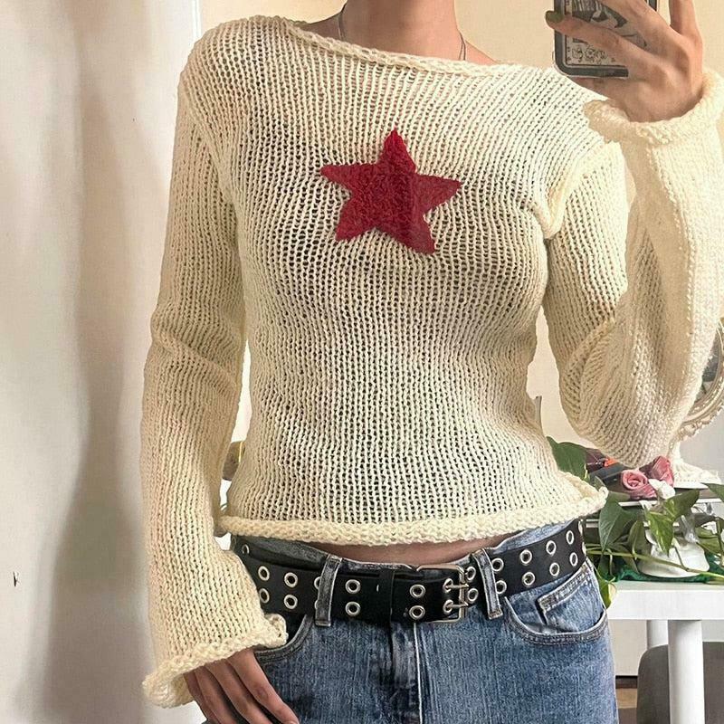 Star Embroidery Knitted Top - Trendy Y2K Denim Star Top for Stylish Outfits in 2025