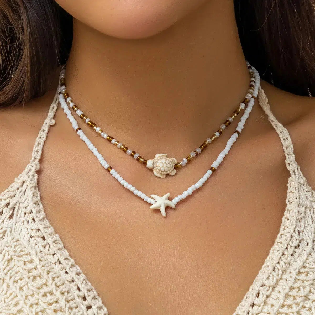 Starfish & Turtle Beaded Necklace Set - Trendy Y2K Fashion Jewelry for Unique Style