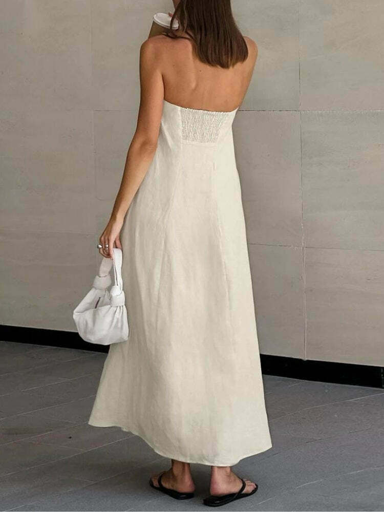 Strapless Linen Midi Dress - Trendy Y2K Style Clothing for Urban Fashion Enthusiasts