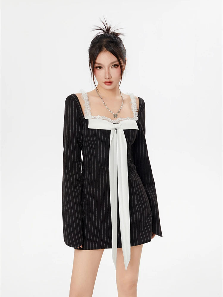 Striped Lace Strap Bow Mini Dress - Trendy Y2K Outfit for Stylish Fashion Lovers