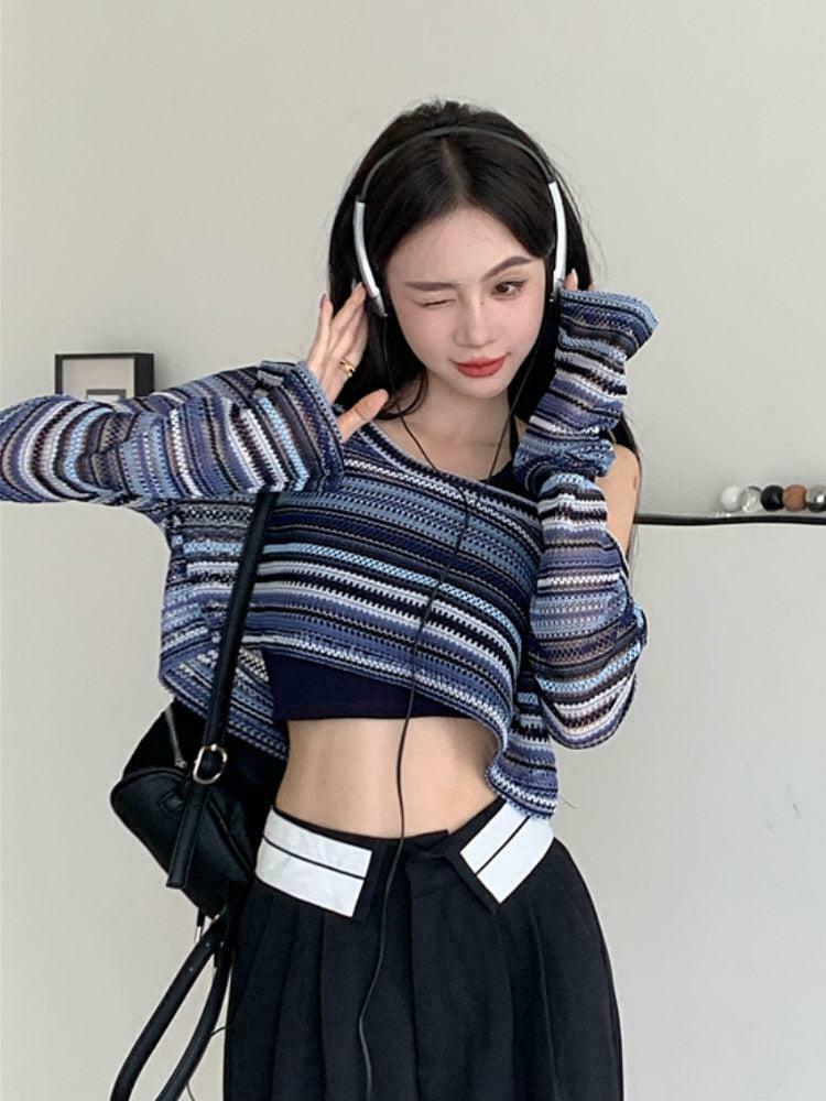 Striped Wide Neck Crop Sweater - Y2K Style for Men & Women, Trendy 2000s Vibes Outfit