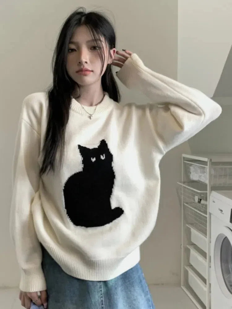 Stylish Black and White Cat Sweater for Women and Men - Perfect Y2K Outfit