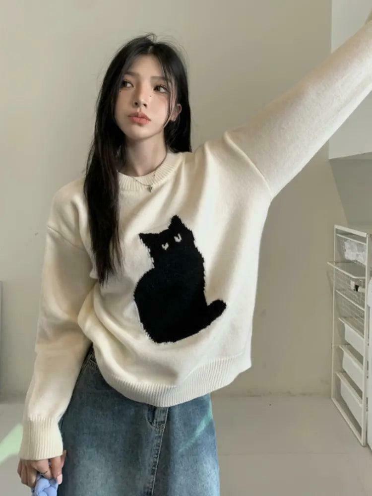 Stylish Black and White Cat Sweater for Women and Men - Perfect Y2K Outfit