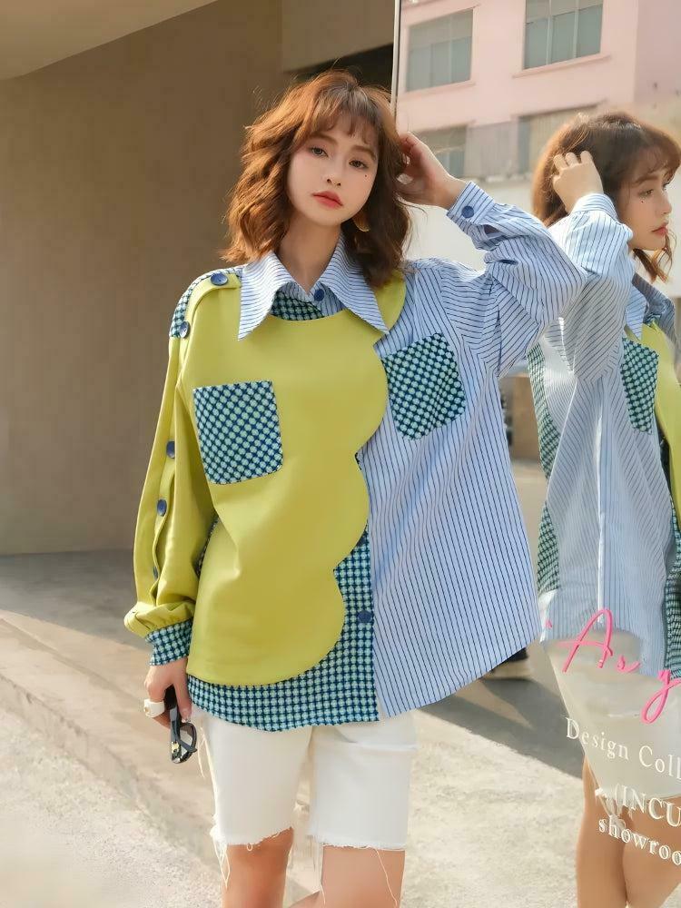 Stylish Buttoned Sleeved Patchwork Shirt for Trendy Y2K Fashion Enthusiasts