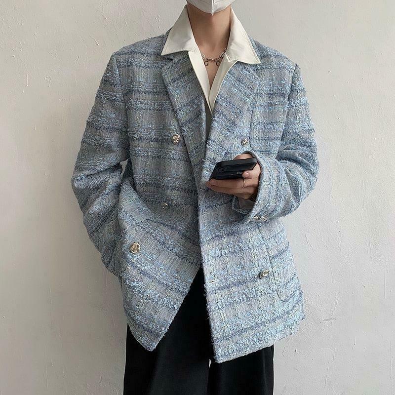 Stylish Lapel Collar Blue Tweed Blazer for Trendy Y2K Fashion Enthusiasts