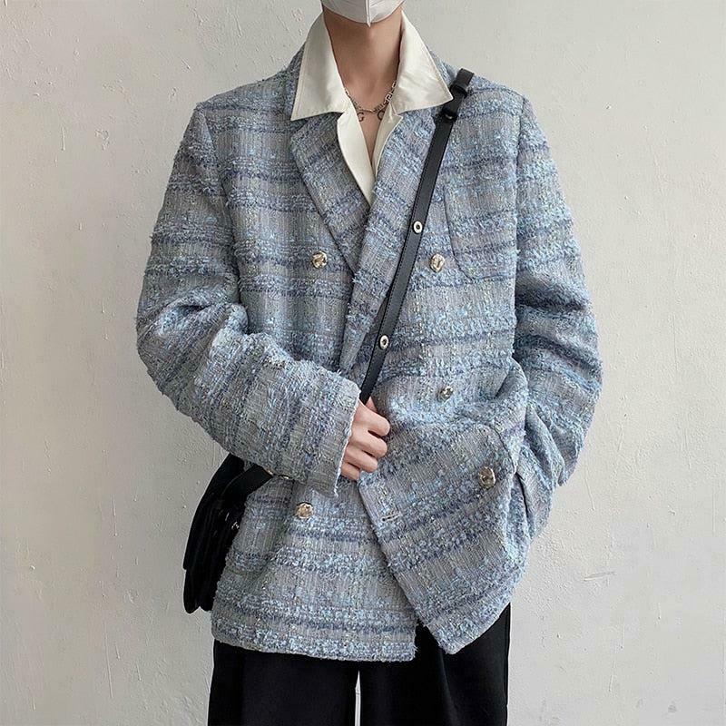 Stylish Lapel Collar Blue Tweed Blazer for Trendy Y2K Fashion Enthusiasts